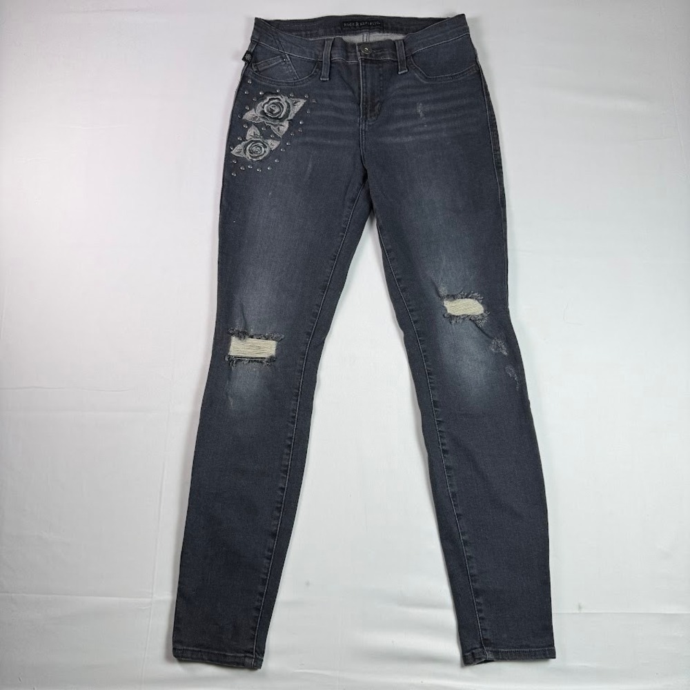Rock & Republic Rose Studded Jeans Kashmiere Skinny Black Distressed Size 8 M